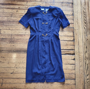 Ms Chaus Vintage Chain Button Front Pleated Blue Midi Polyester Dress Size 8