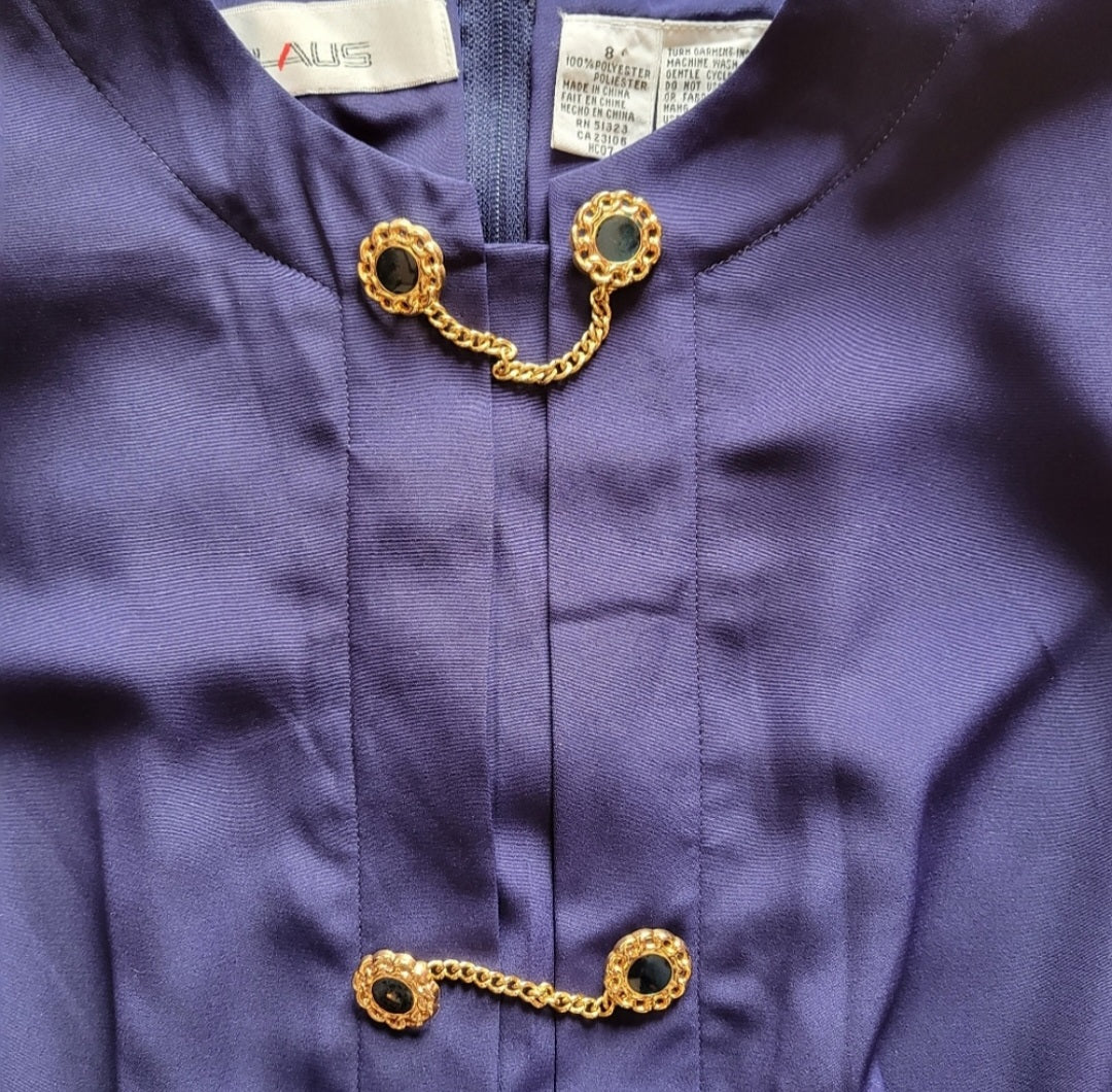 Ms Chaus Vintage Chain Button Front Pleated Blue Midi Polyester Dress Size 8