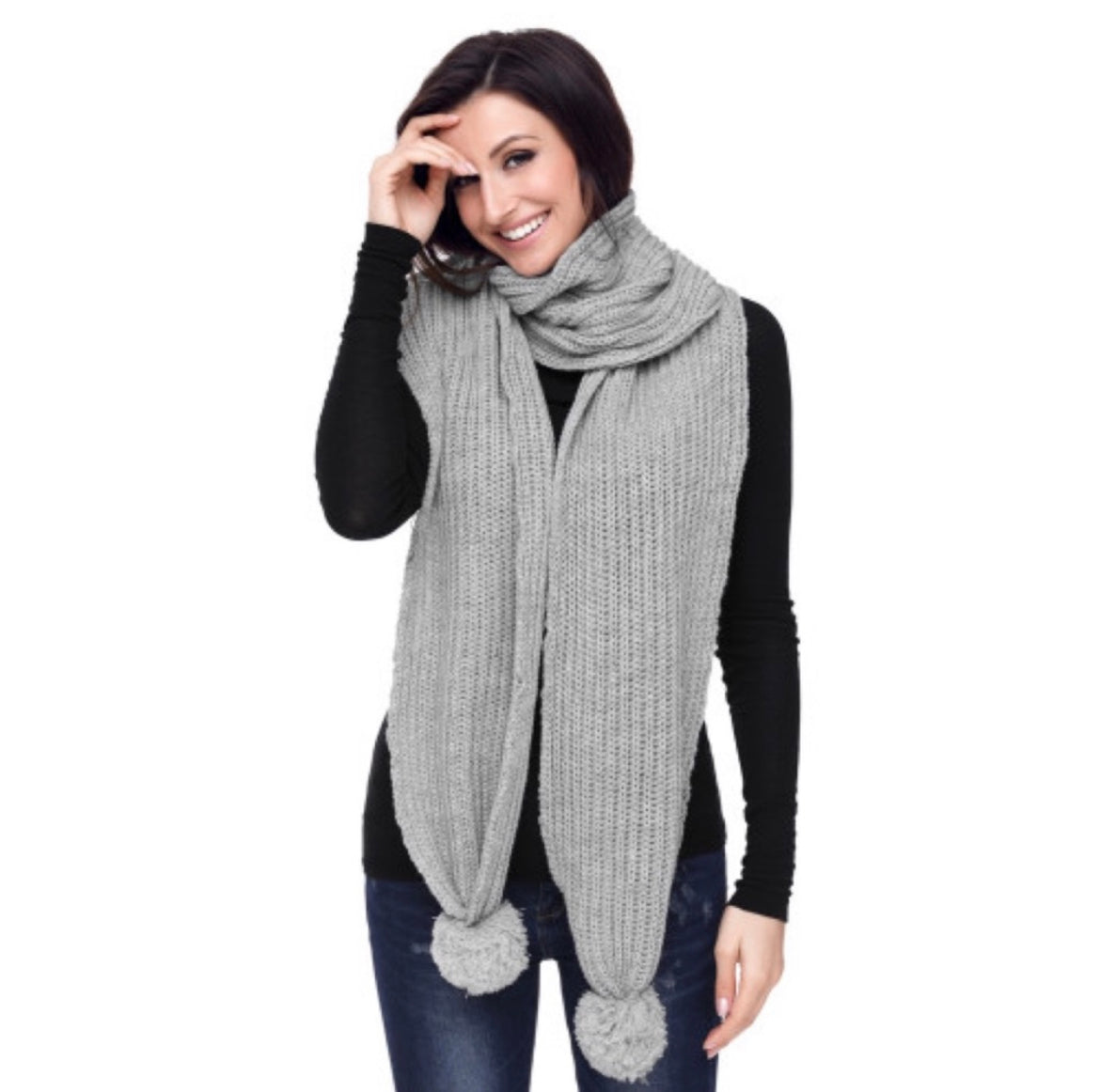 Gray Knit Pom Pom Scarf Winter Accessories Vintage Vibes 607