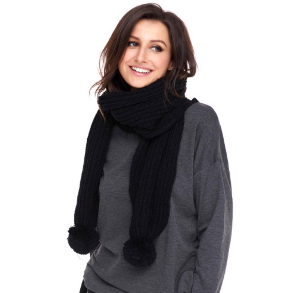 Black Knit Pom Pom Scarf Winter Accessories Vintage Vibes 607